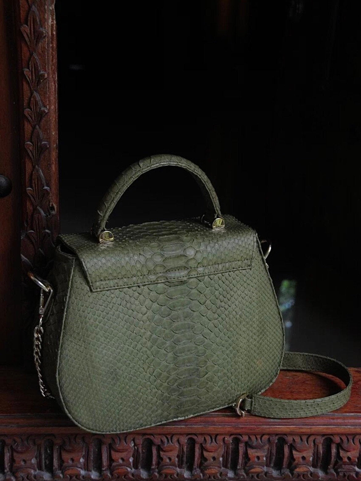 Genuine python top handle bag / designer bag / exotic leather bag / khaki purse exotic leather / snake  print designer classy purse — Red