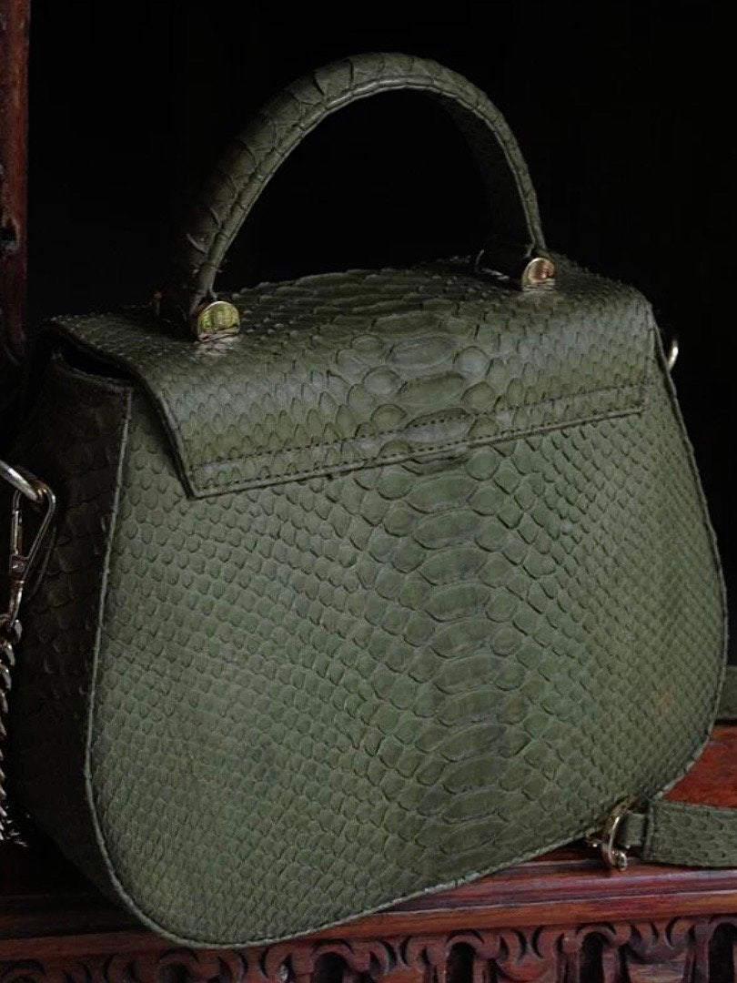 Genuine Python Skin Top Handle Bag — Khaki
