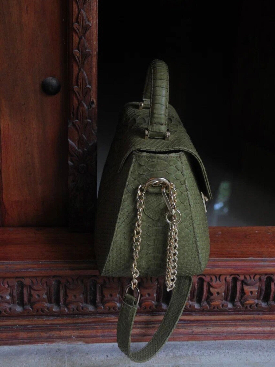 Genuine Python Skin Top Handle Bag — Khaki