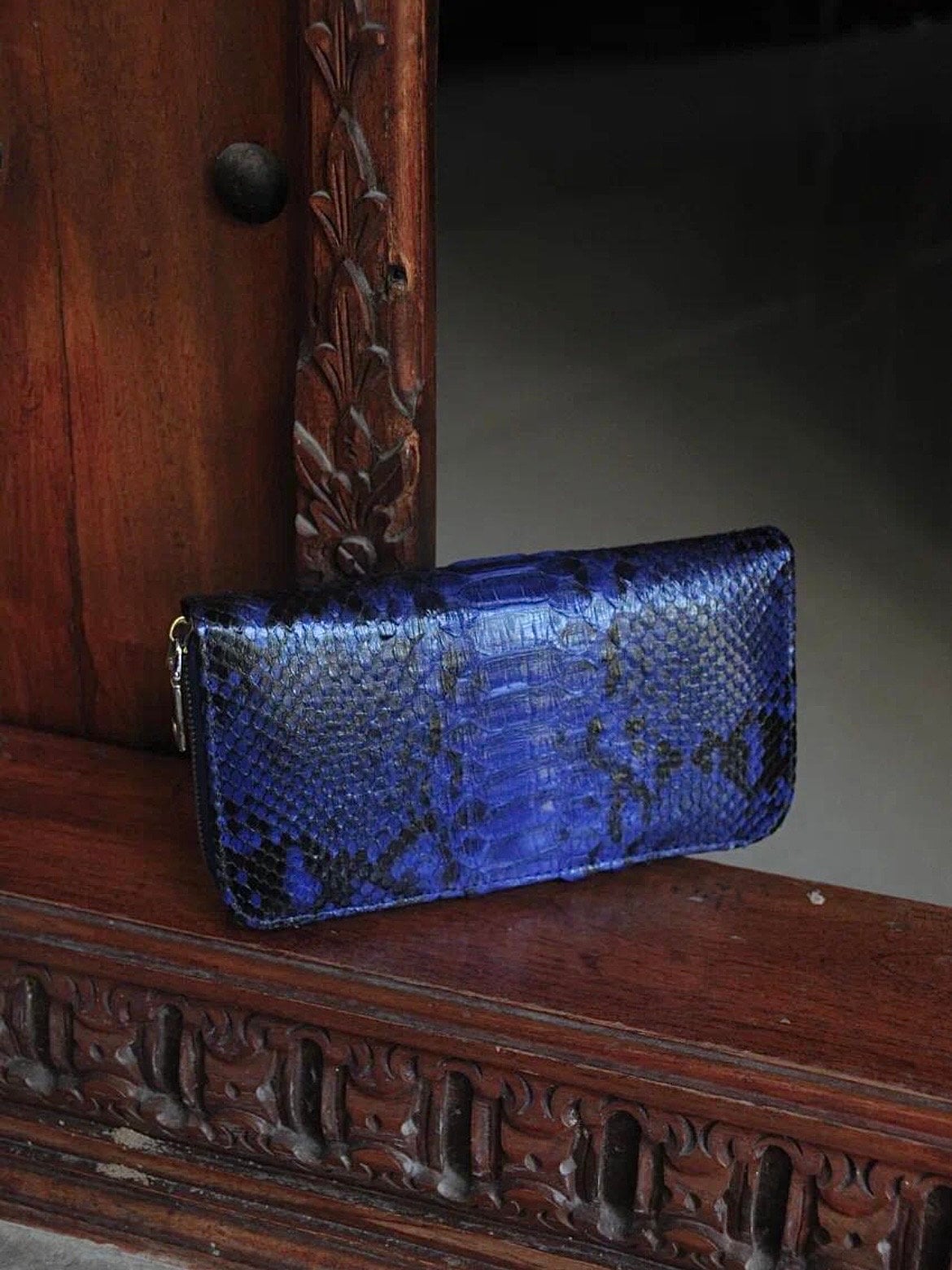 Genuine Python Skin Wallet — Electric Blue with Pattern