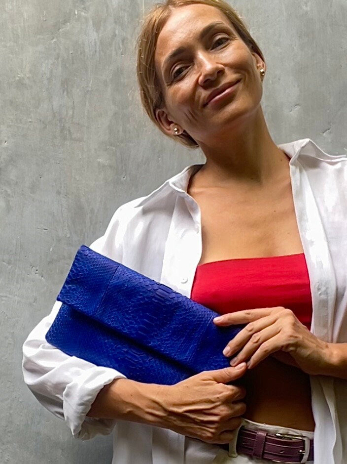 Genuine python skin bright blue ultramarine envelope clutch