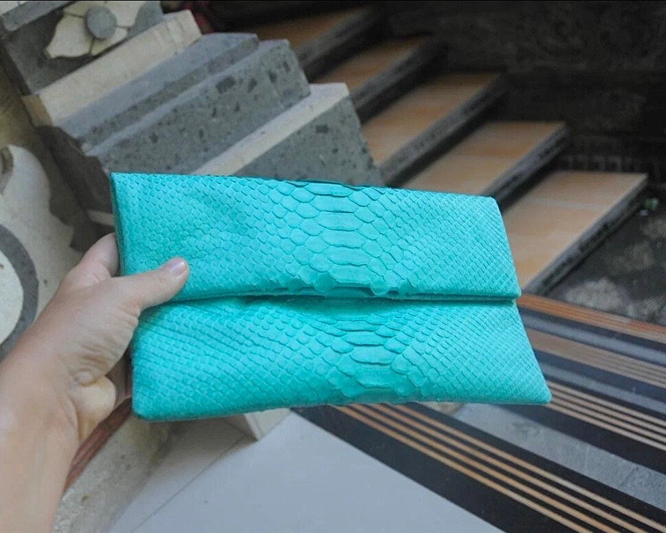 Genuine Python Skin Envelope Clutch — Turquoise