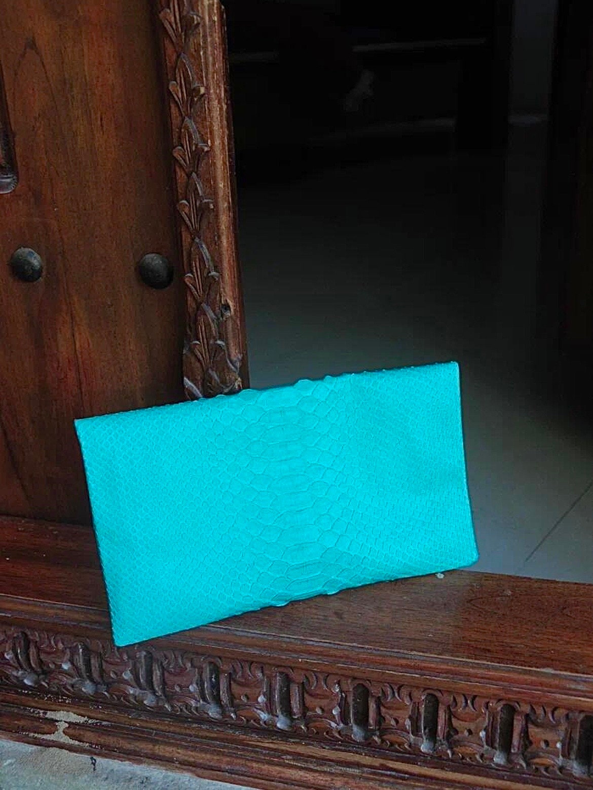 Genuine Python Skin Envelope Clutch — Turquoise