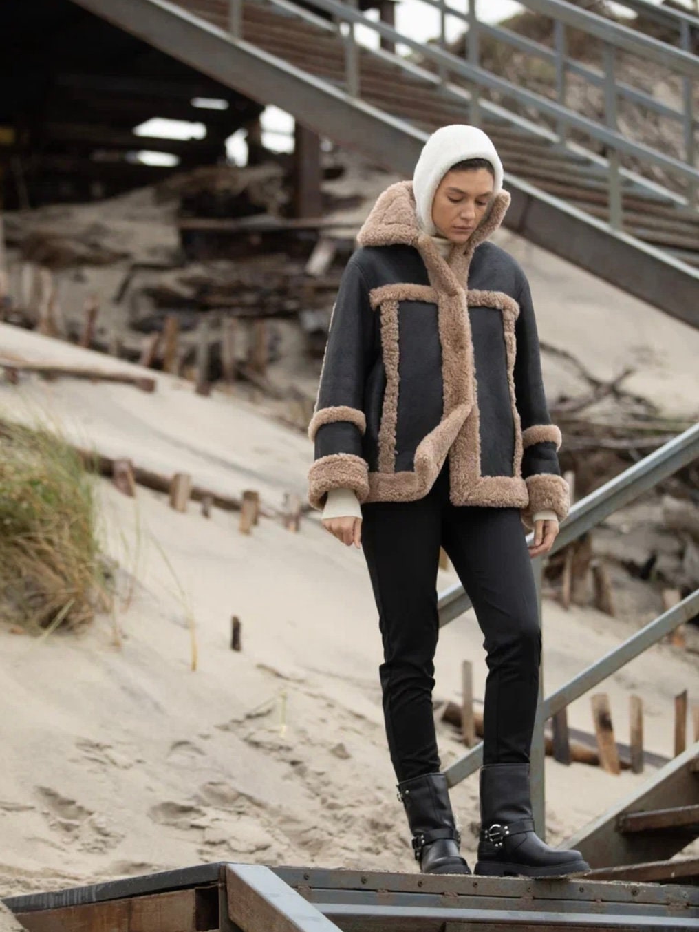 Genuine Shearling Fur Bonnet — Cream White