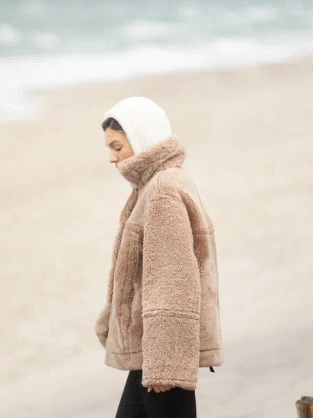 Genuine Shearling Fur Bonnet — Cream White
