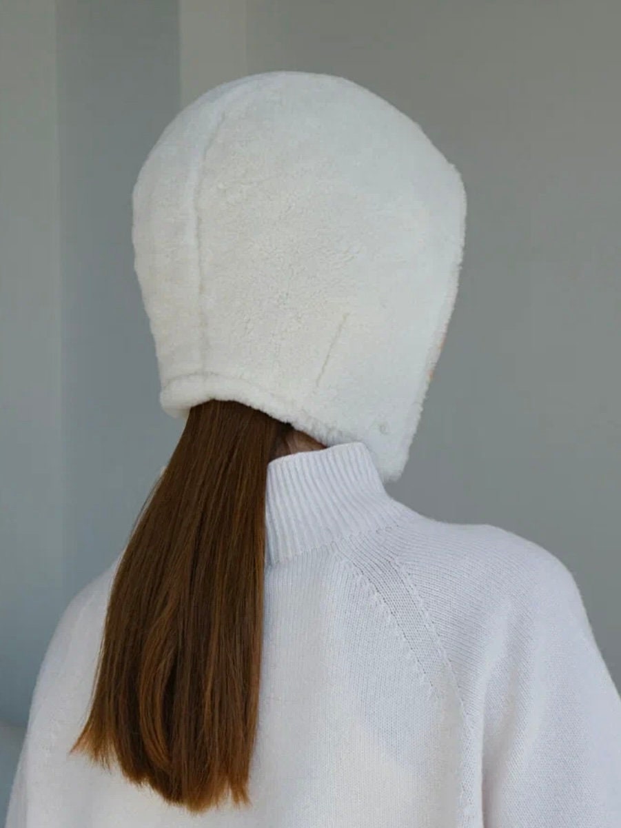 Genuine Shearling Fur Bonnet — Cream White