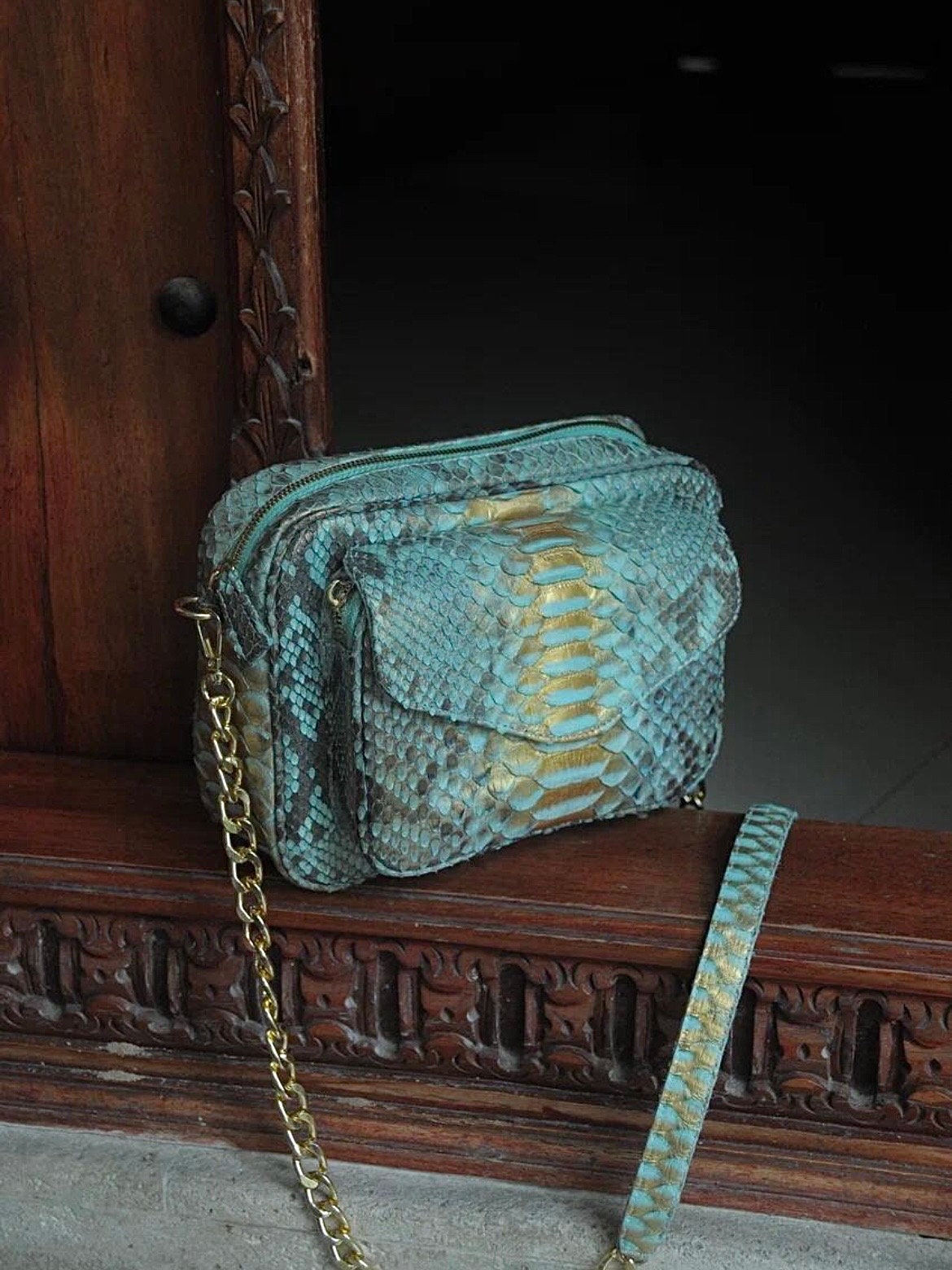 Genuine Python Skin Sport Crossbody Bag — Blue