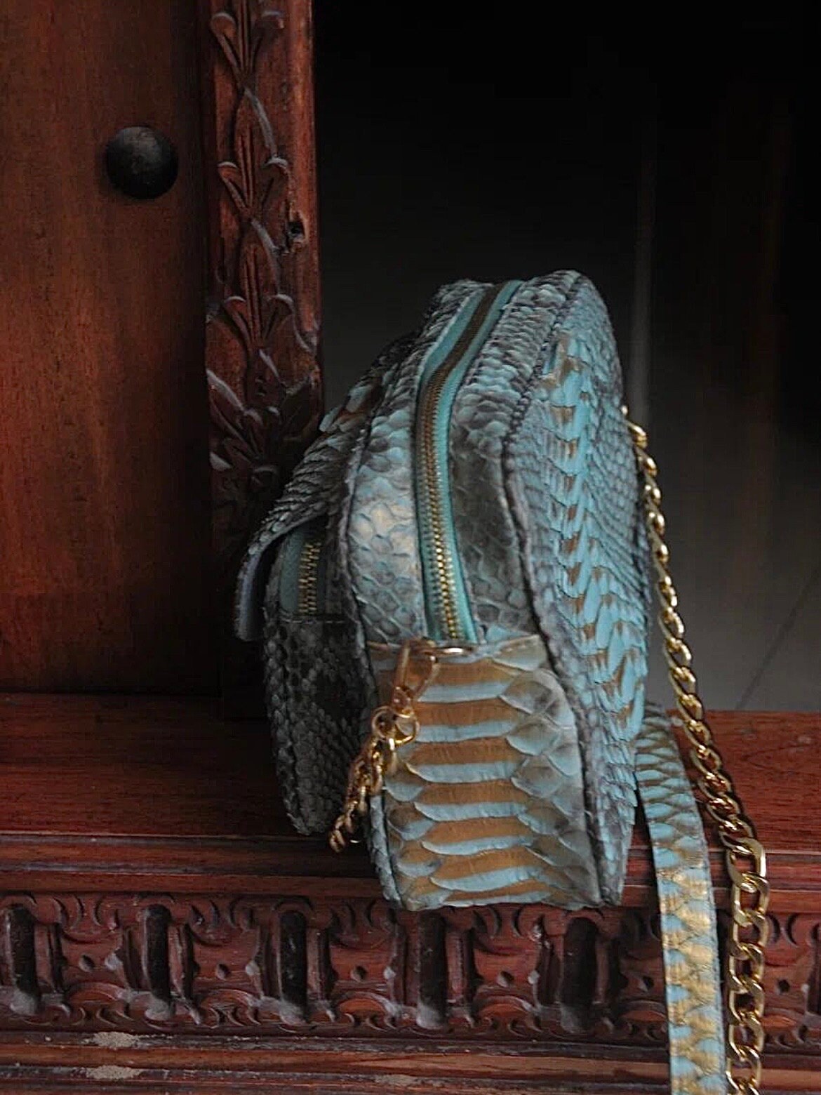 Genuine Python Skin Sport Crossbody Bag — Blue