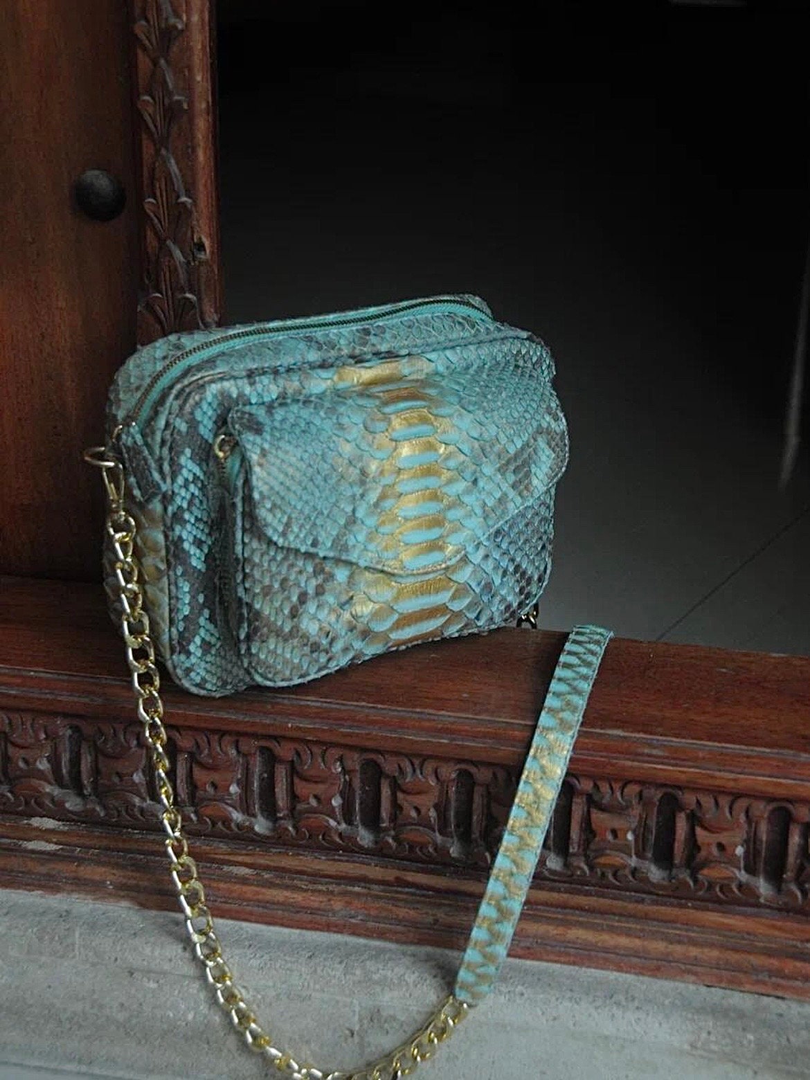 Genuine Python Skin Sport Crossbody Bag — Blue