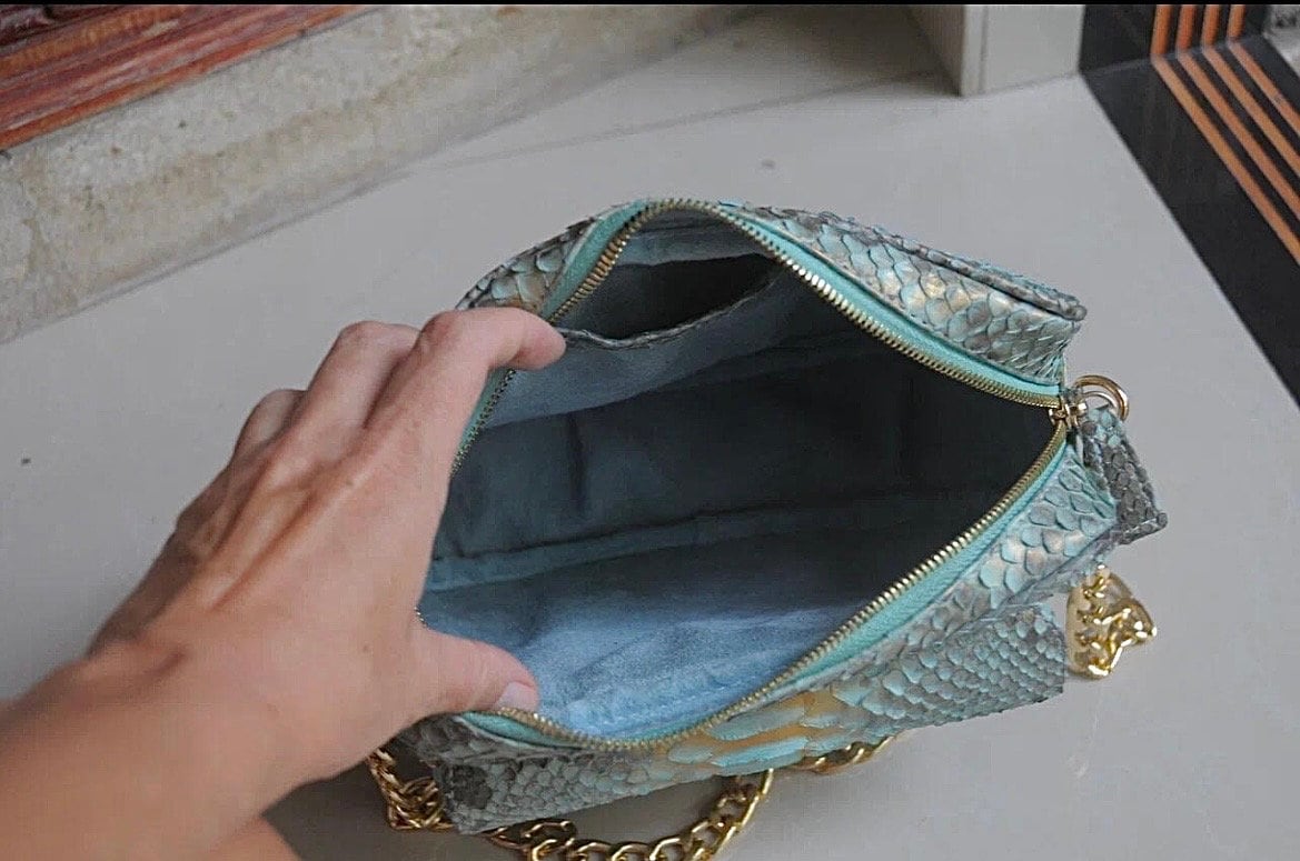Genuine Python Skin Sport Crossbody Bag — Blue