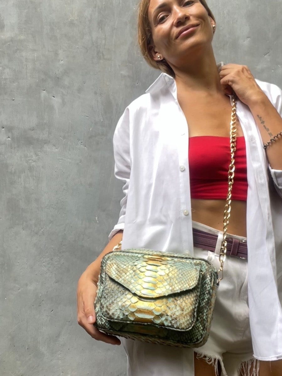 Genuine Python Skin Sport Crossbody Bag — Blue