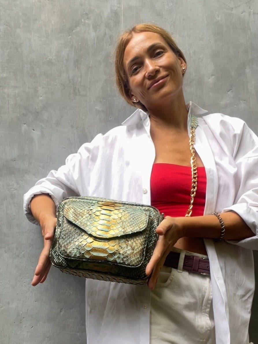 Genuine Python Skin Sport Crossbody Bag — Blue