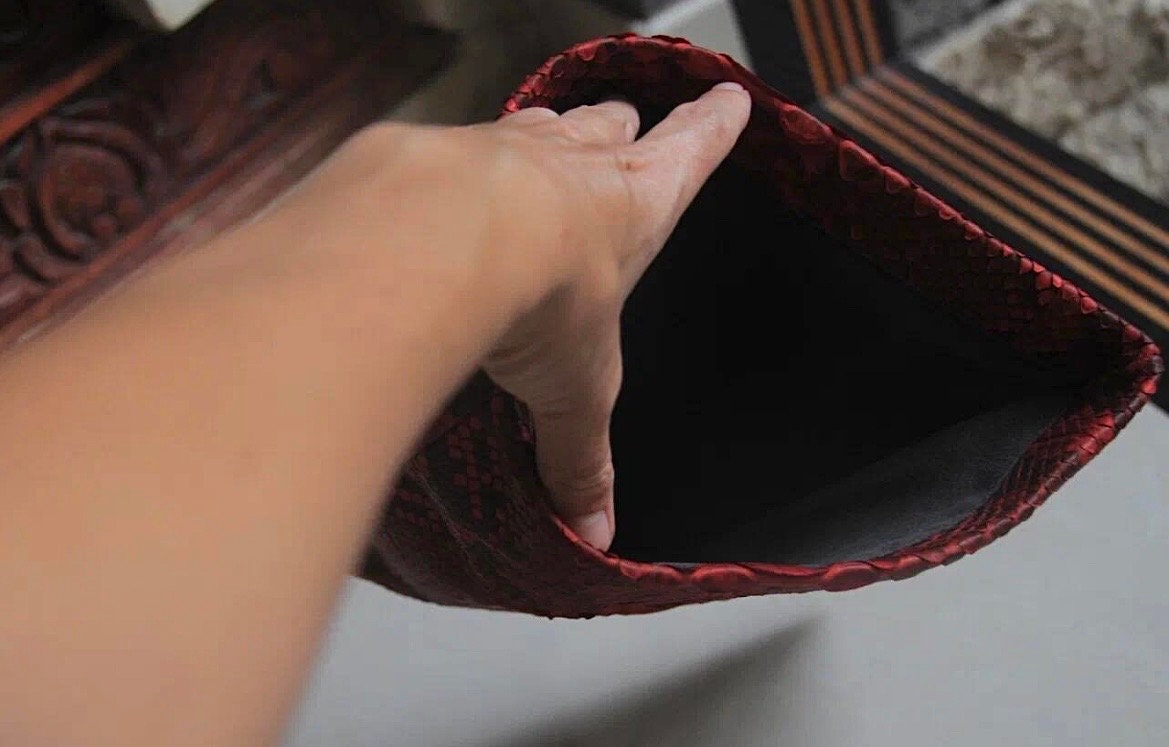 Genuine Python Skin Envelope Clutch — Red