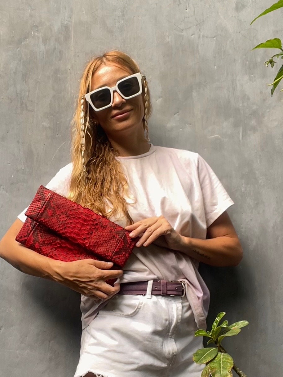 Genuine Python Skin Envelope Clutch — Red