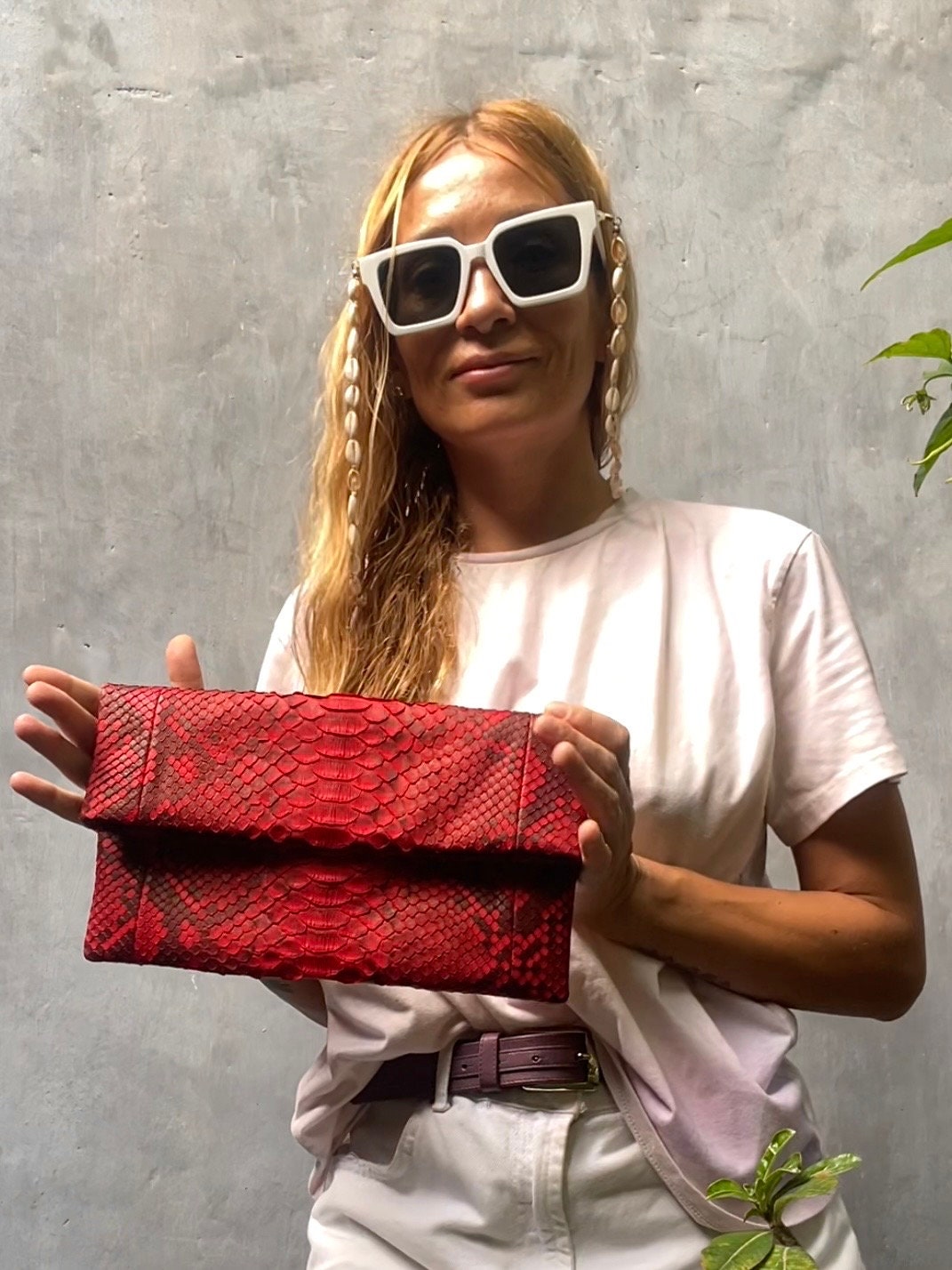 Genuine Python Skin Envelope Clutch — Red