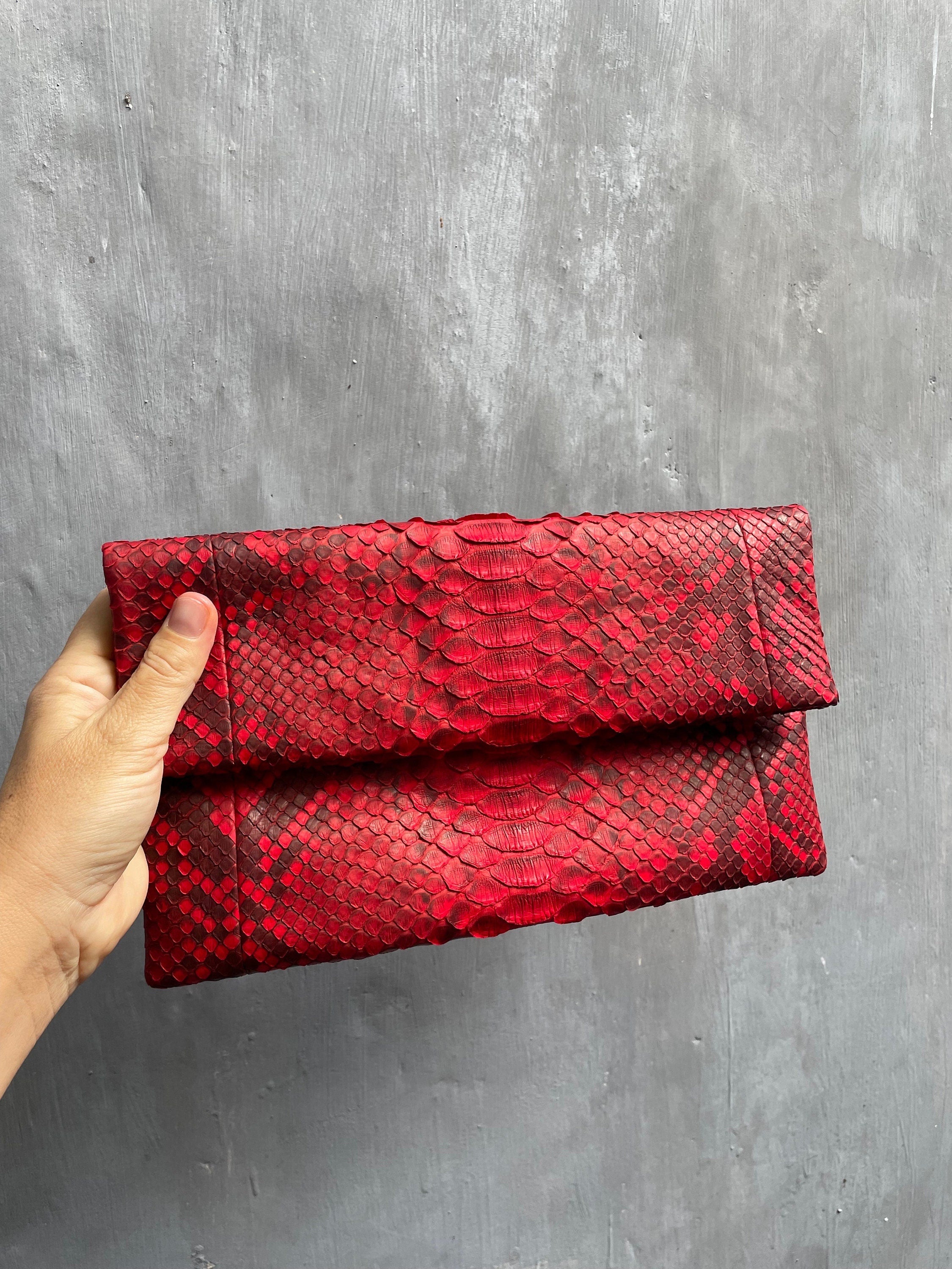 Genuine Python Skin Envelope Clutch — Red