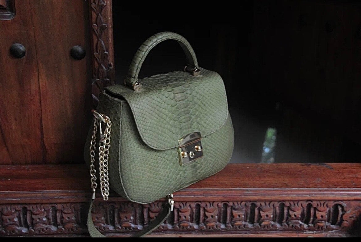 Genuine python top handle bag / designer bag / exotic leather bag / khaki purse exotic leather / snake  print designer classy purse — Red