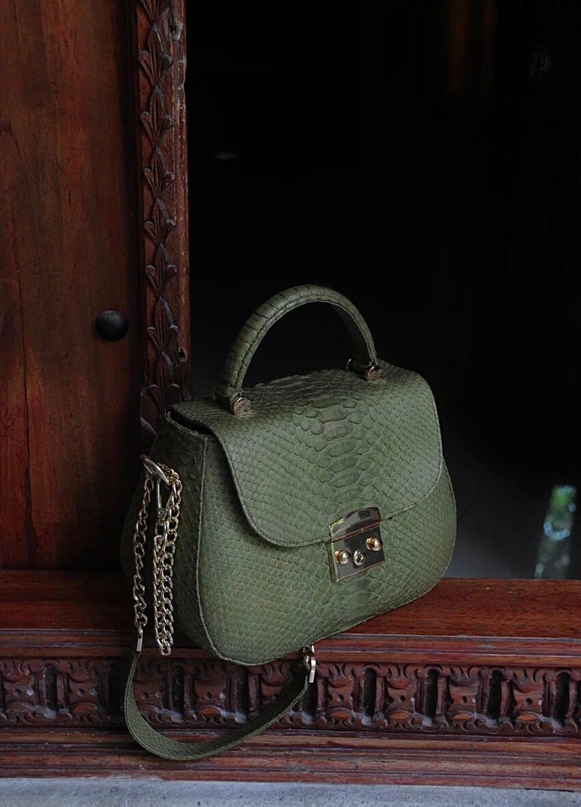 Genuine python top handle bag / designer bag / exotic leather bag / khaki purse exotic leather / snake  print designer classy purse — Red