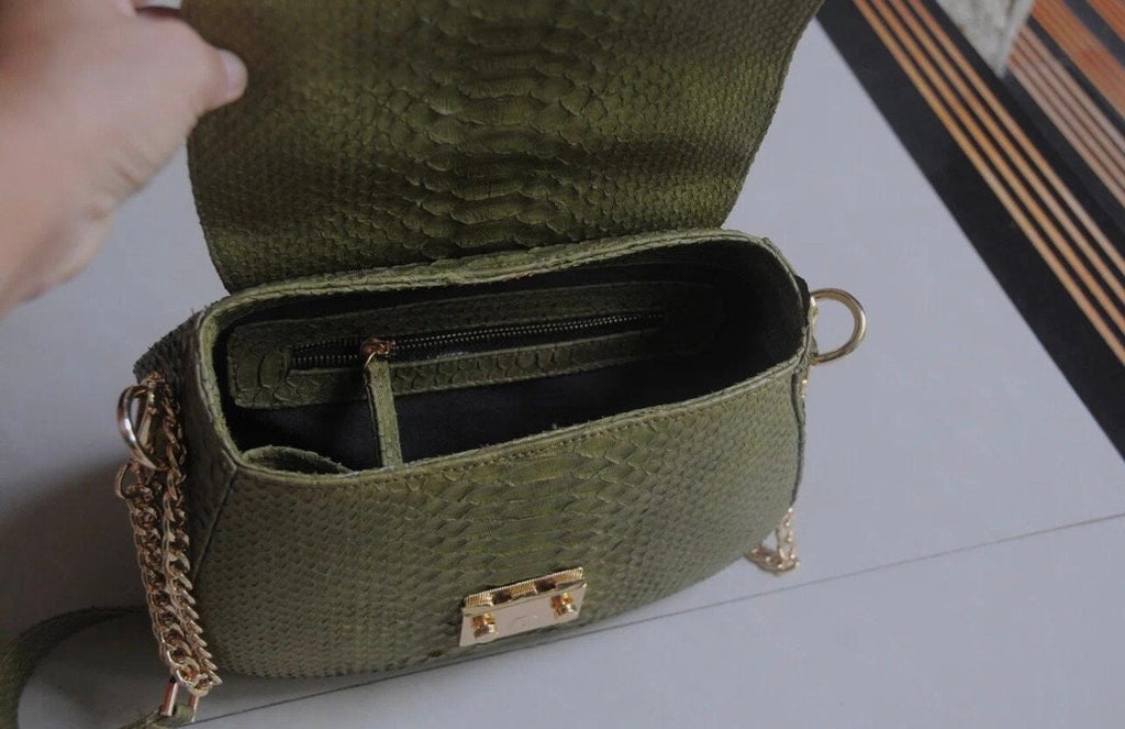 Genuine Python Skin Top Handle Bag — Khaki