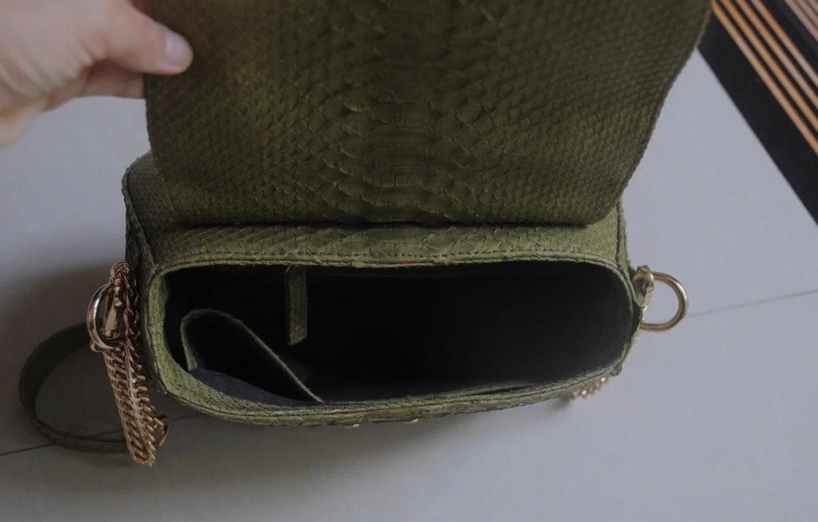 Genuine Python Skin Top Handle Bag — Khaki