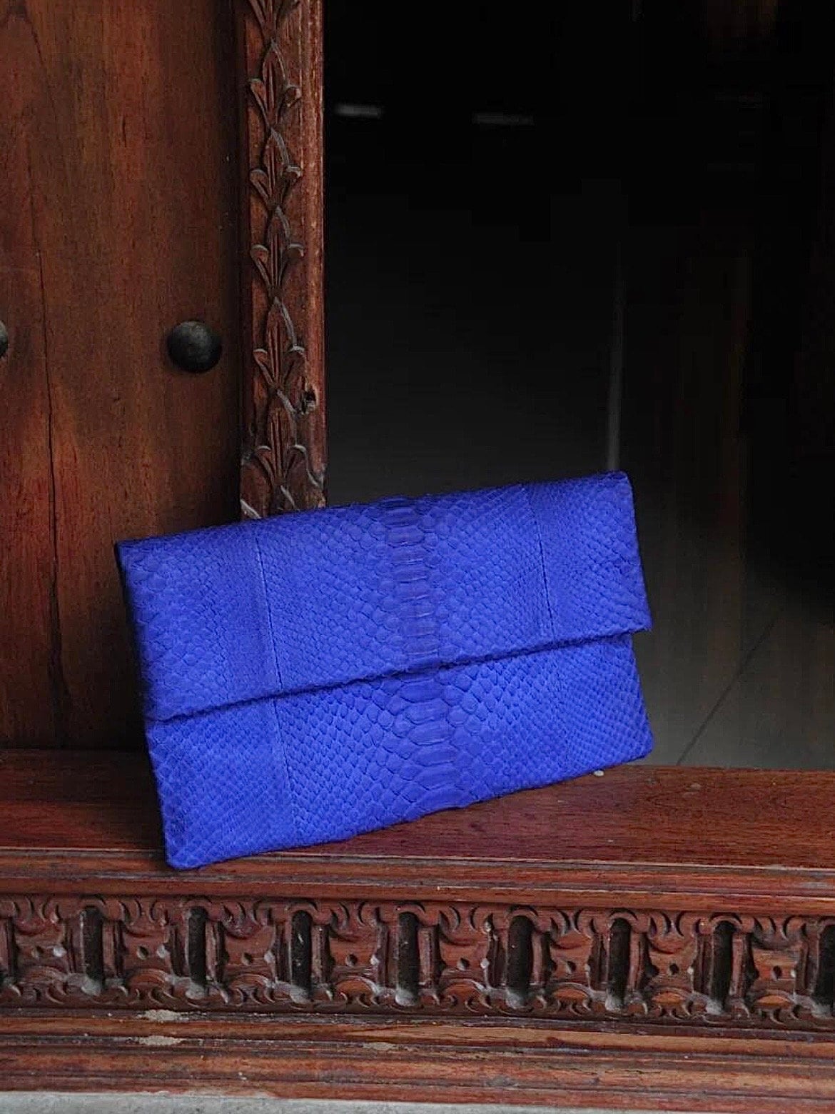 Genuine python skin bright blue ultramarine envelope clutch