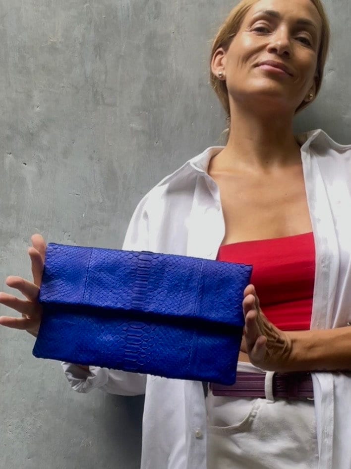 Genuine python skin bright blue ultramarine envelope clutch