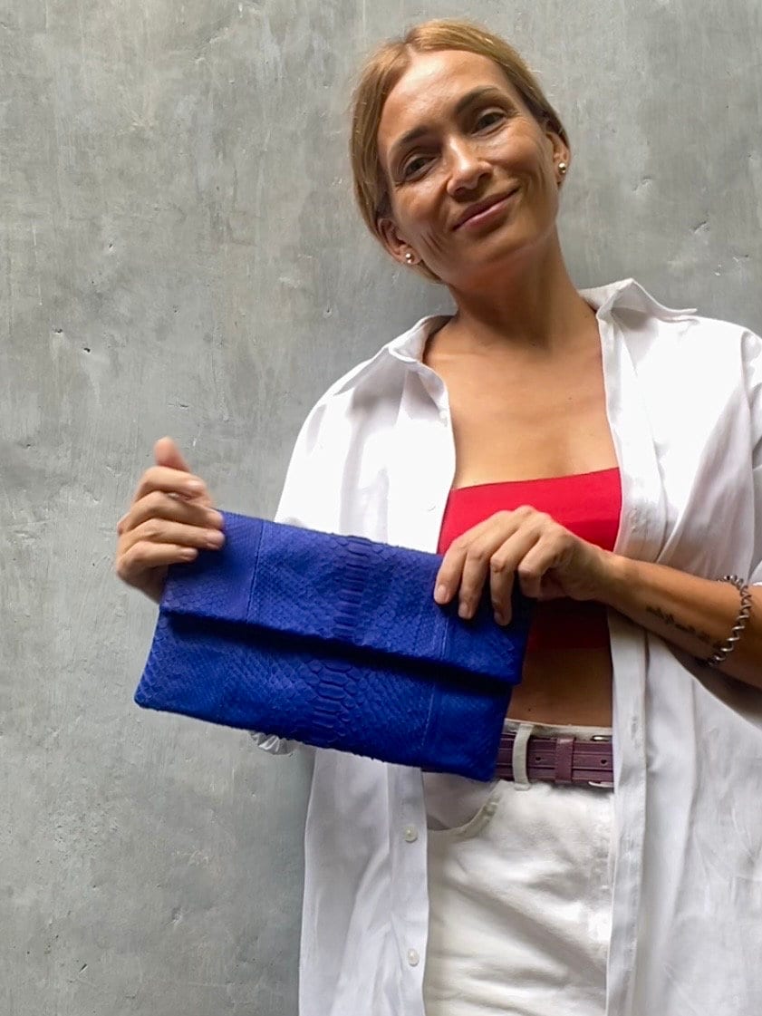 Genuine python skin bright blue ultramarine envelope clutch