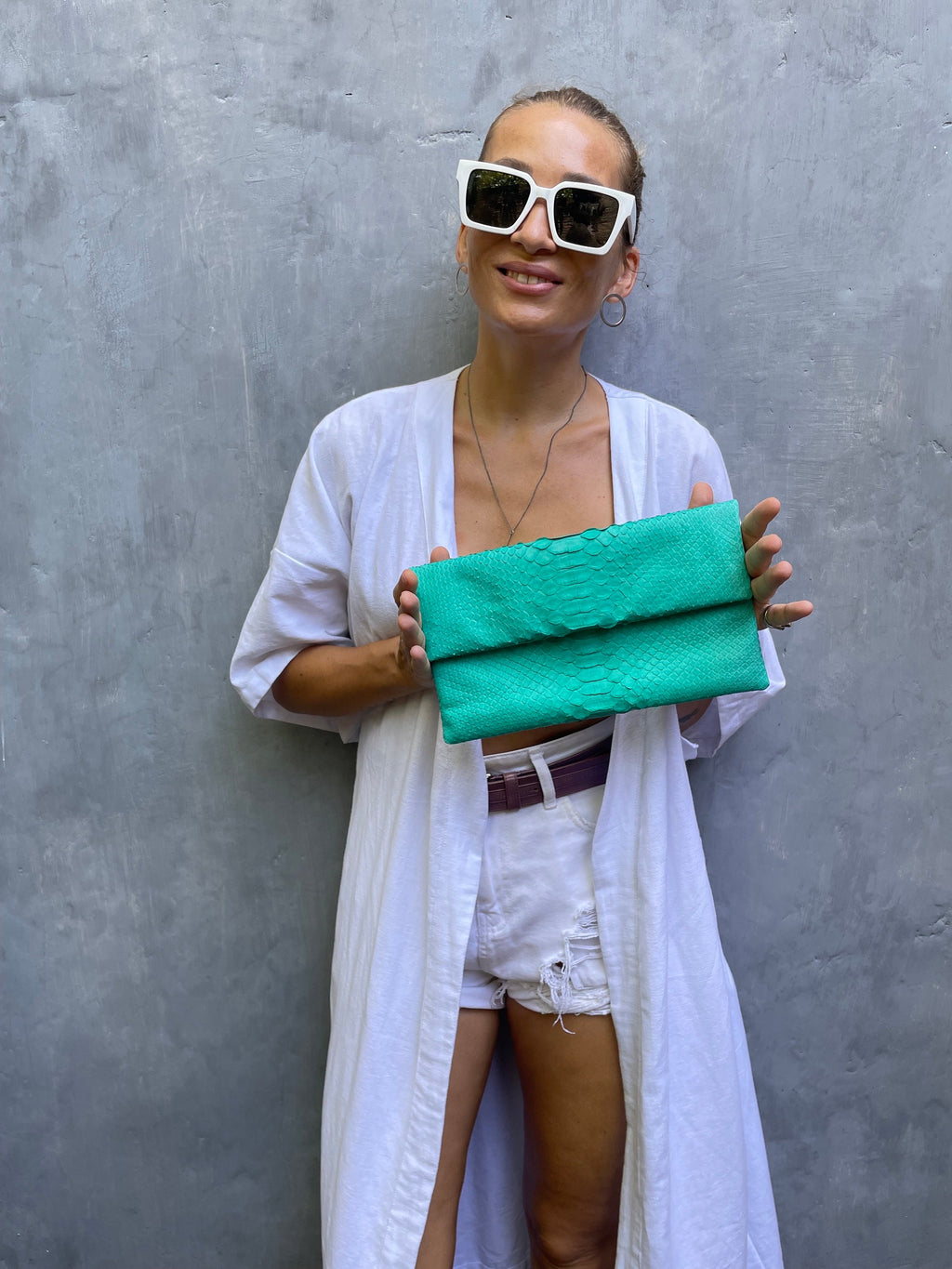 Genuine Python Skin Envelope Clutch — Turquoise