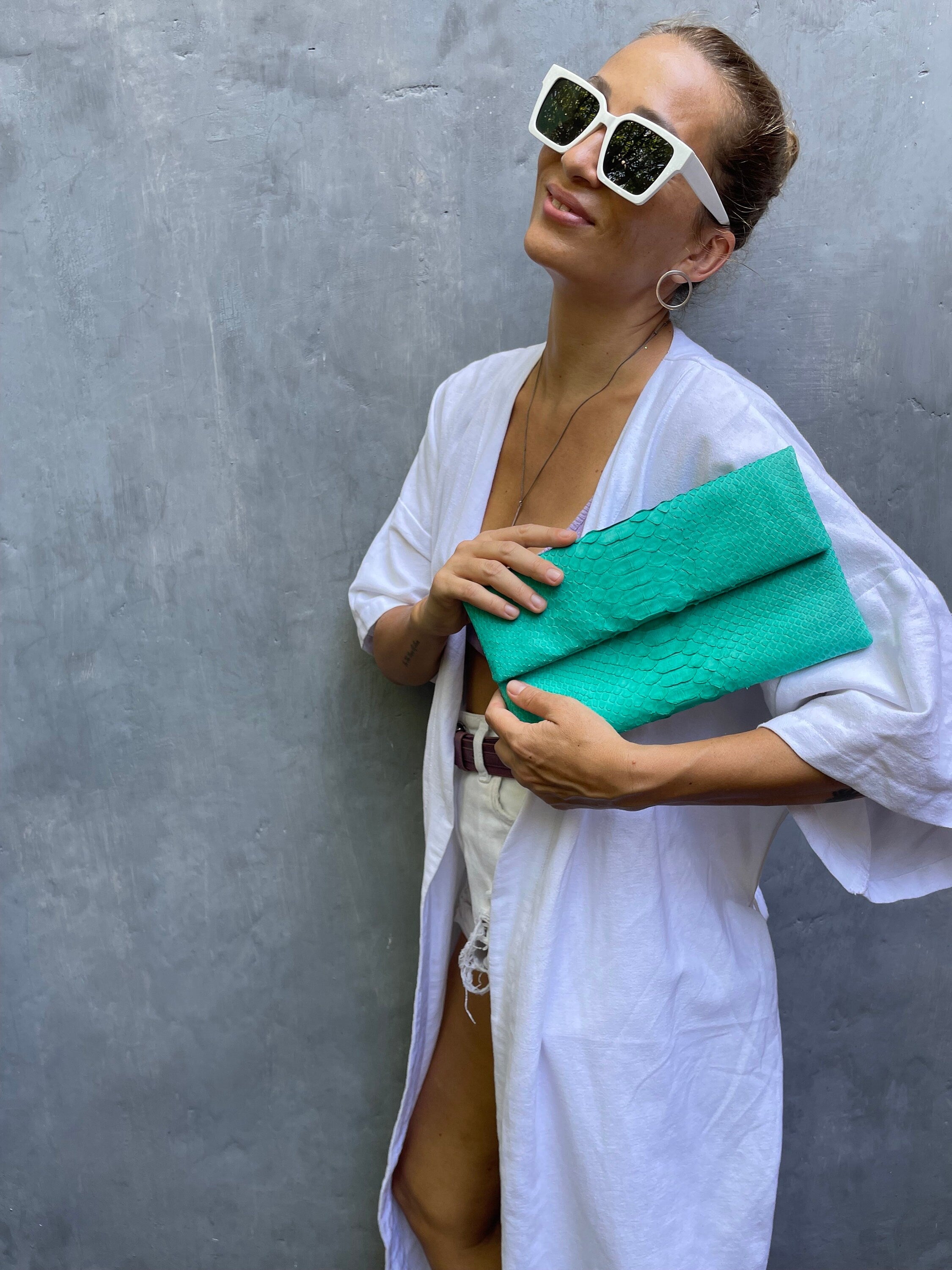 Genuine Python Skin Envelope Clutch — Turquoise