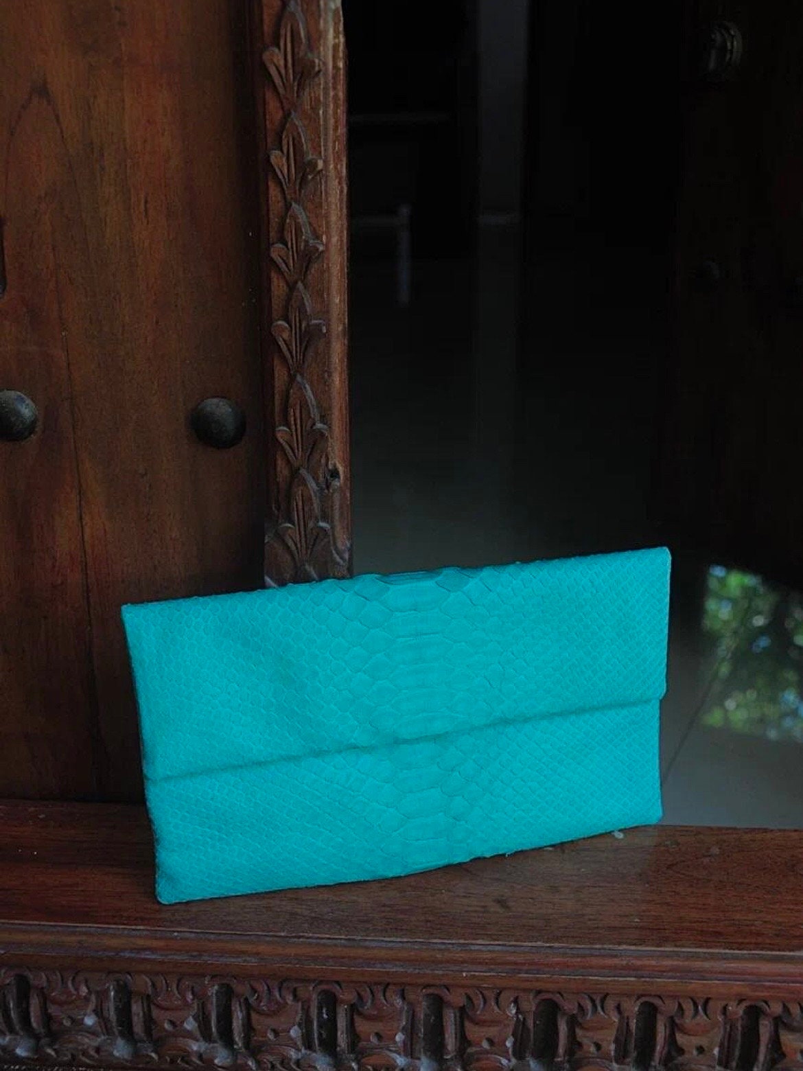 Genuine Python Skin Envelope Clutch — Turquoise