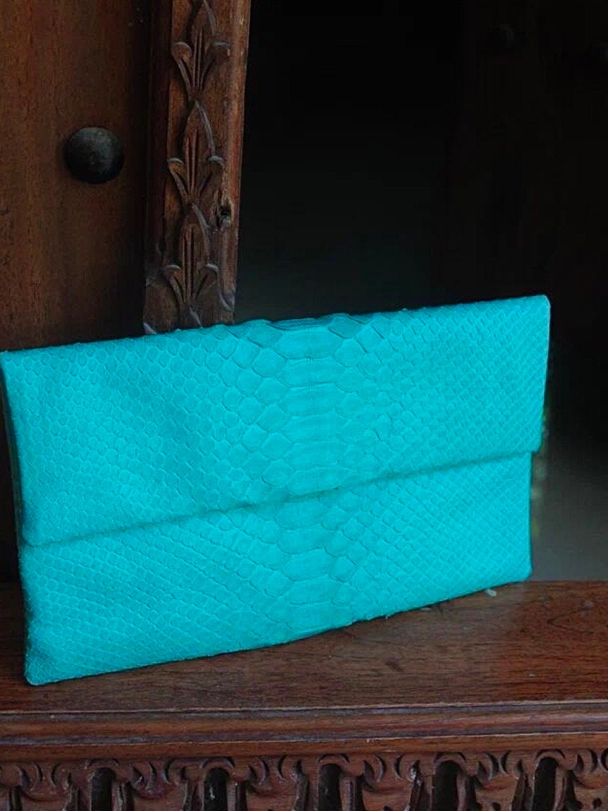 Genuine Python Skin Envelope Clutch — Turquoise