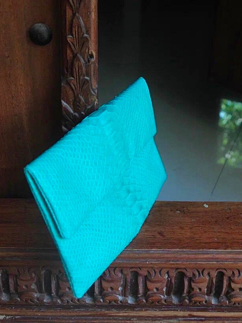 Genuine Python Skin Envelope Clutch — Turquoise