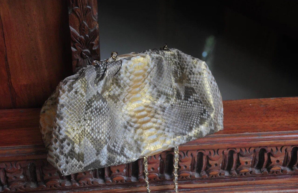 Genuine Python Skin Pouch Bag — Gold