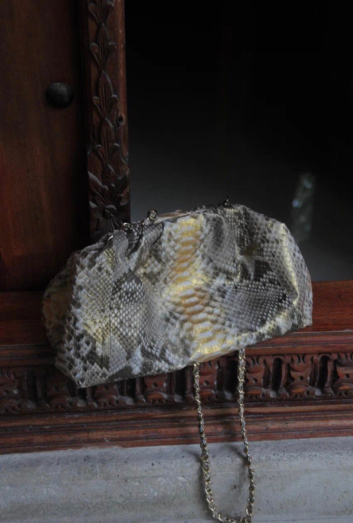 Genuine Python Skin Pouch Bag — Gold