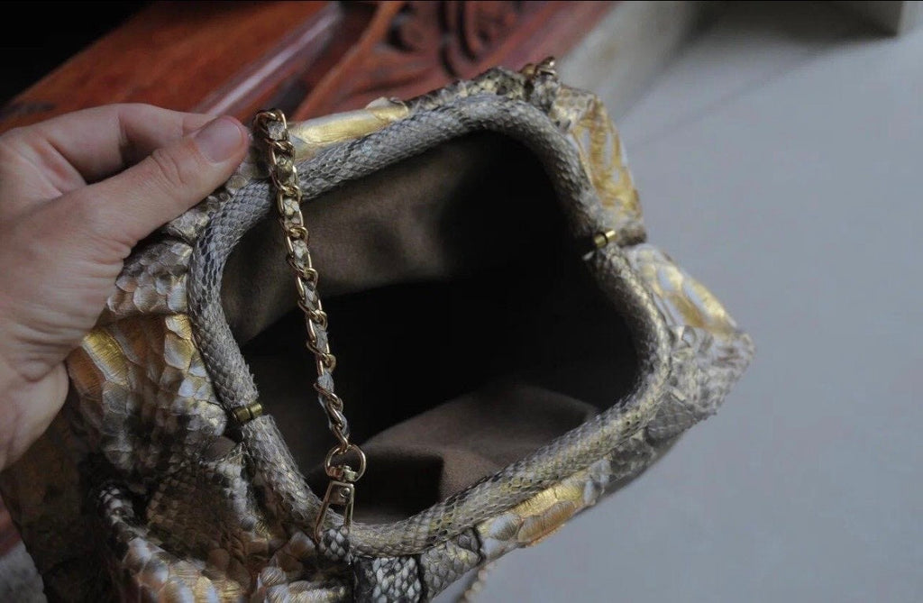 Genuine Python Skin Pouch Bag — Gold