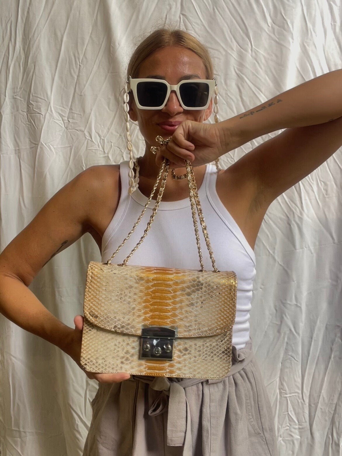 Genuine Python Skin Crossbody Bag — Gold