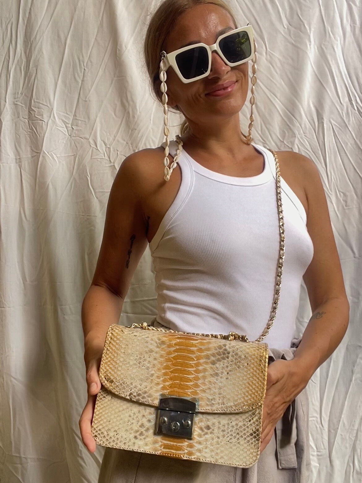 Genuine Python Skin Crossbody Bag — Gold