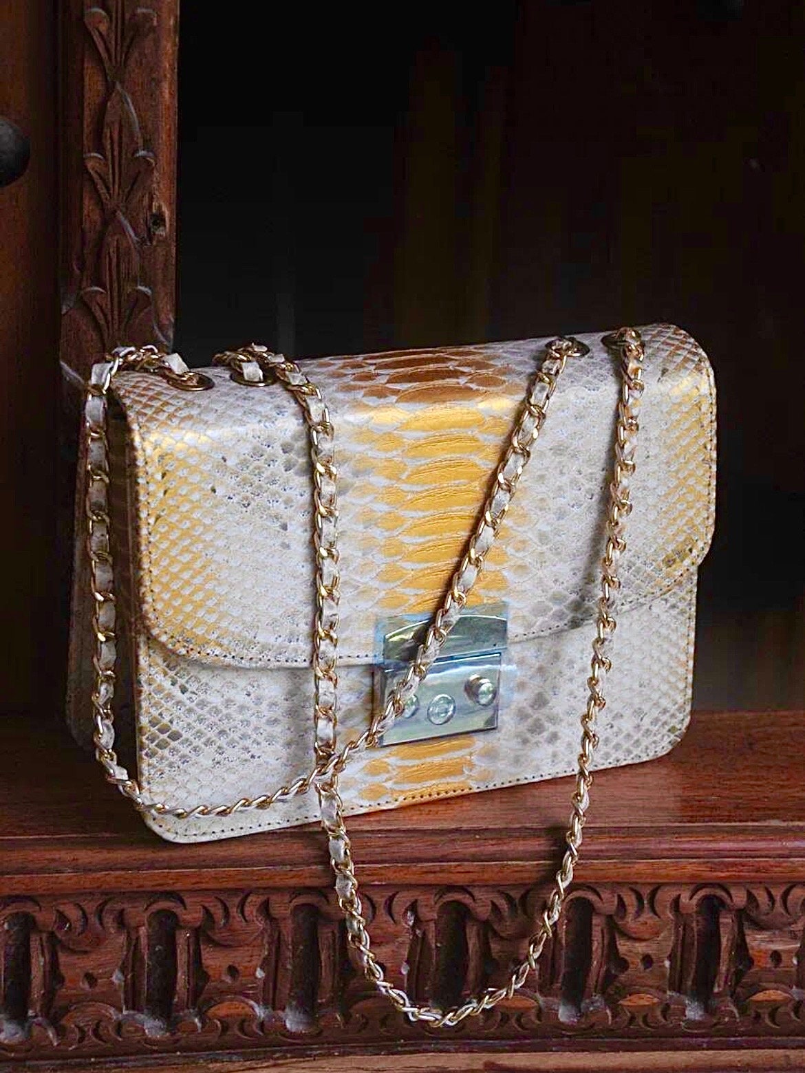Genuine Python Skin Crossbody Bag — Gold