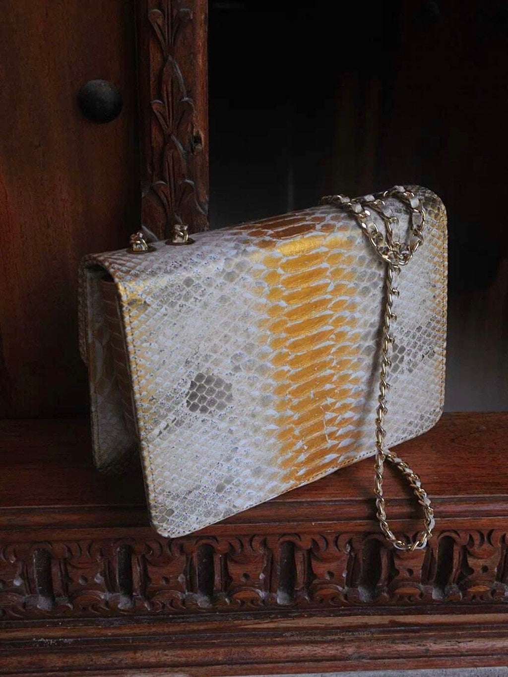 Genuine Python Skin Crossbody Bag — Gold