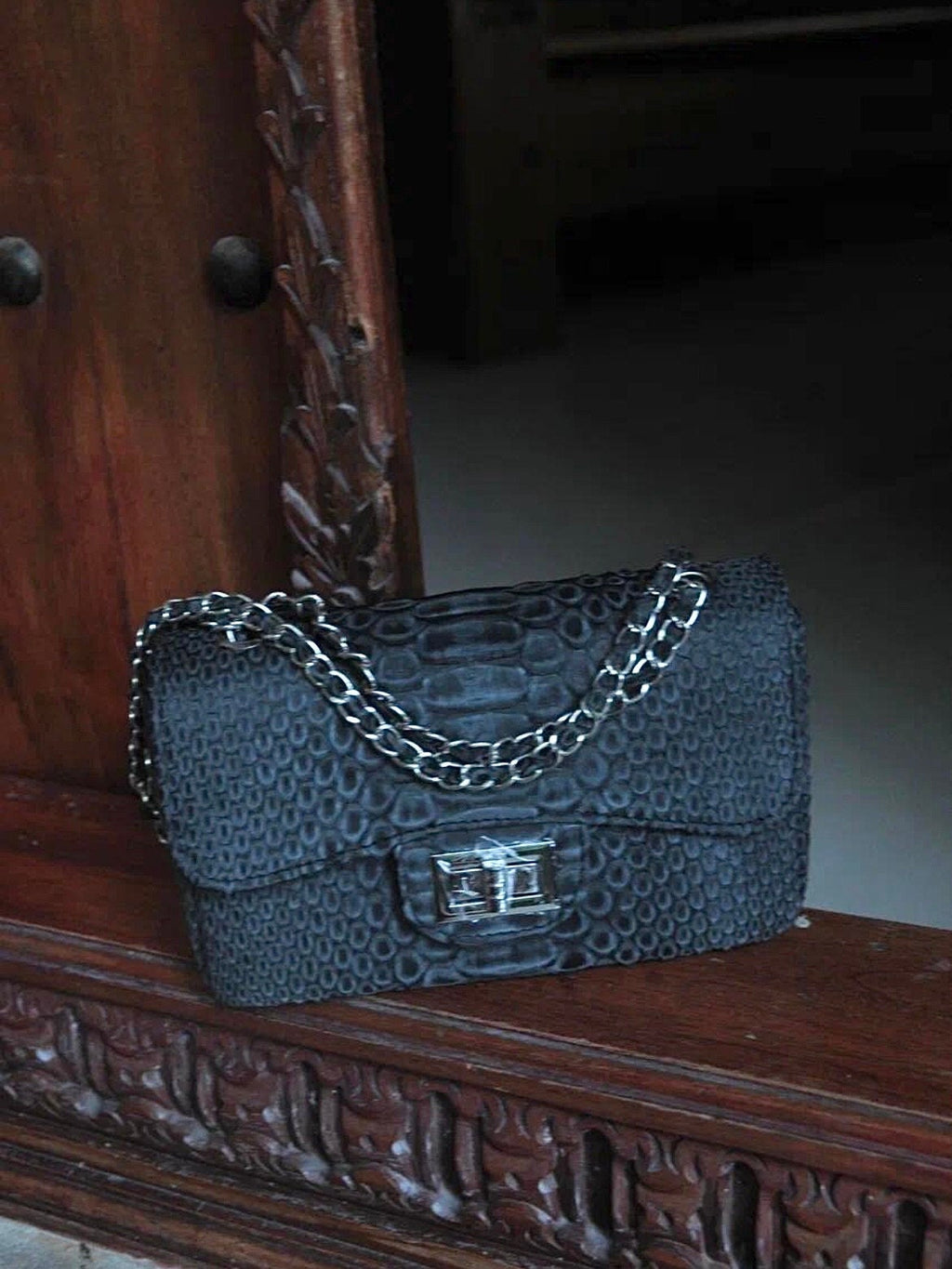 Genuine Python Skin Mini Chain Crossbody Bag — Black