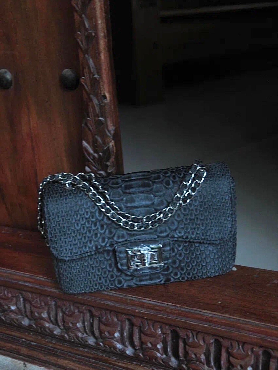 Genuine Python Skin Mini Chain Crossbody Bag — Black