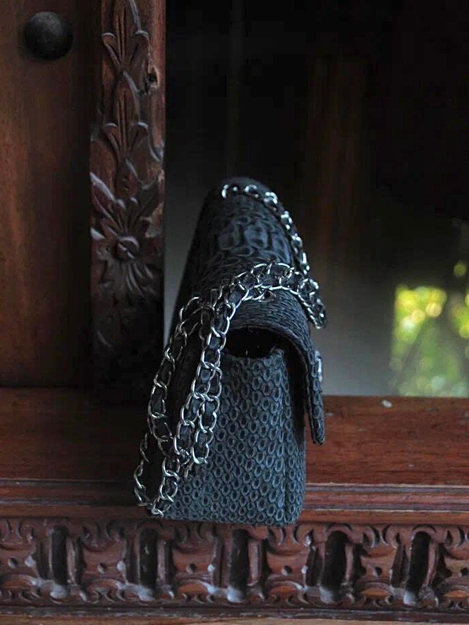 Genuine Python Skin Mini Chain Crossbody Bag — Black