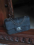 Genuine Python Skin Mini Chain Crossbody Bag — Black