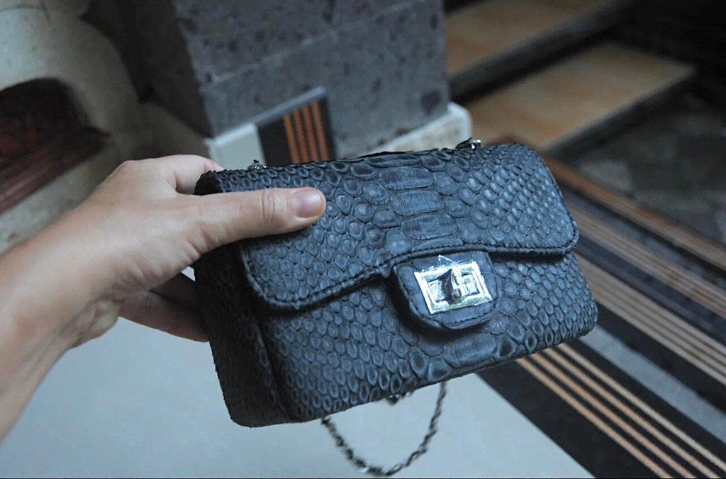 Genuine Python Skin Mini Chain Crossbody Bag — Black