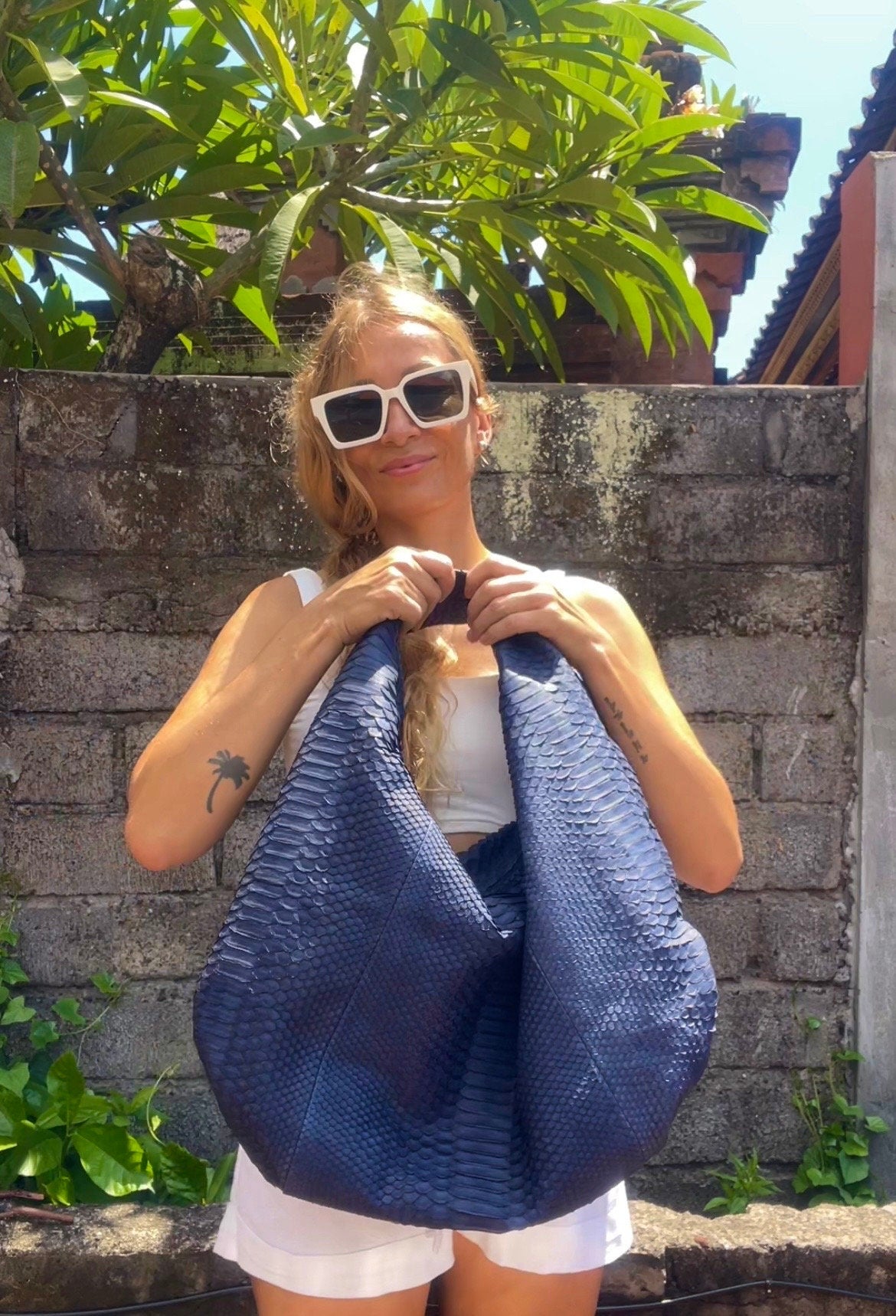 Big Soft Hobo Classy Sport Woman Bag | Purse Genuine Python Skin | Python Skin Products | Blue Big Elegant Leather Designer Soft Bag Snake