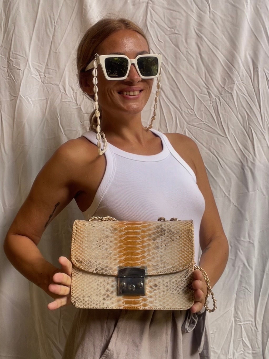 Genuine Python Skin Crossbody Bag — Gold