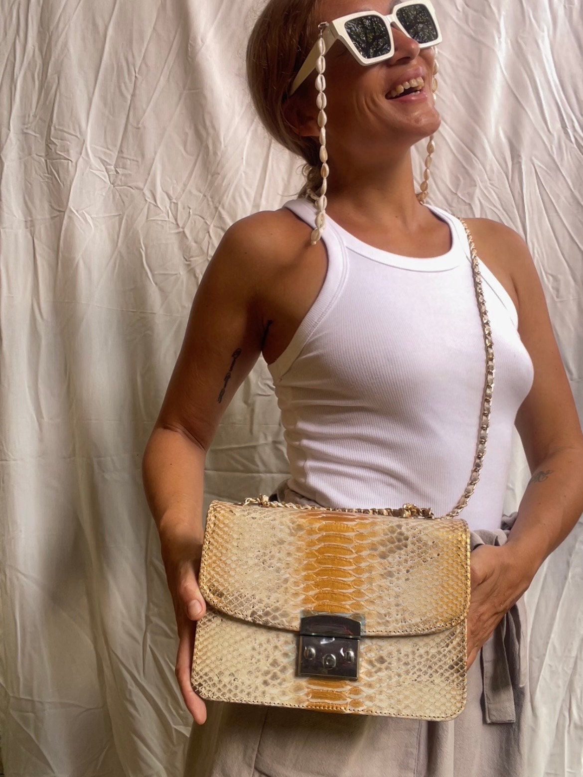 Genuine Python Skin Crossbody Bag — Gold
