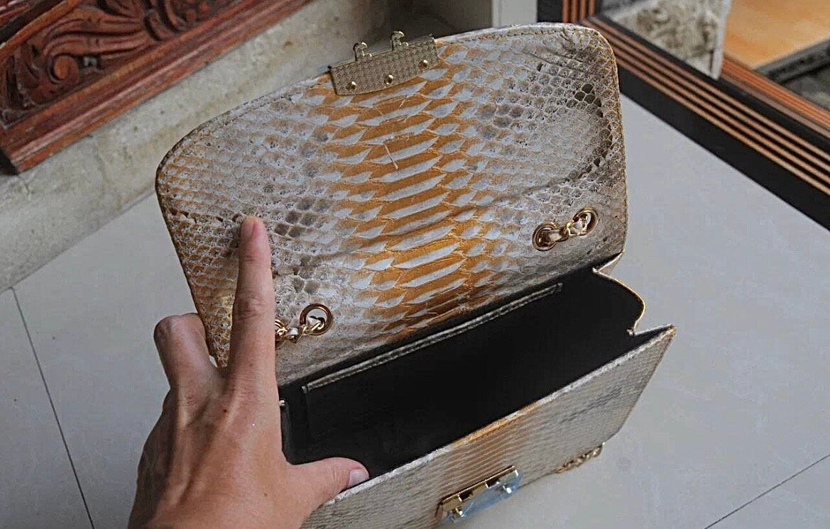 Genuine Python Skin Crossbody Bag — Gold