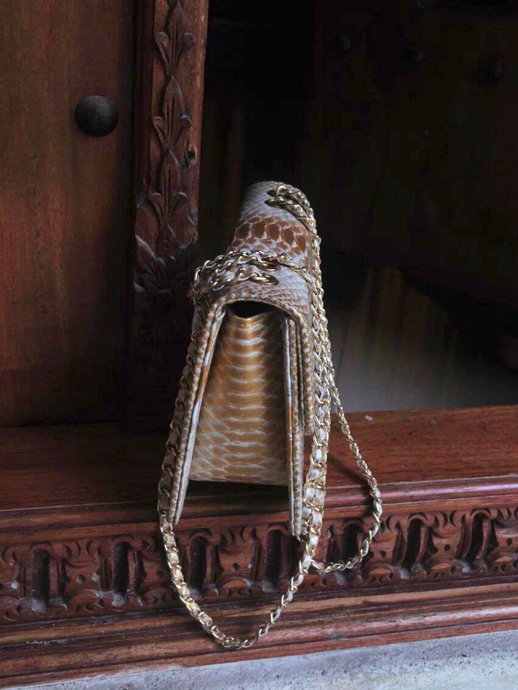 Genuine Python Skin Crossbody Bag — Gold