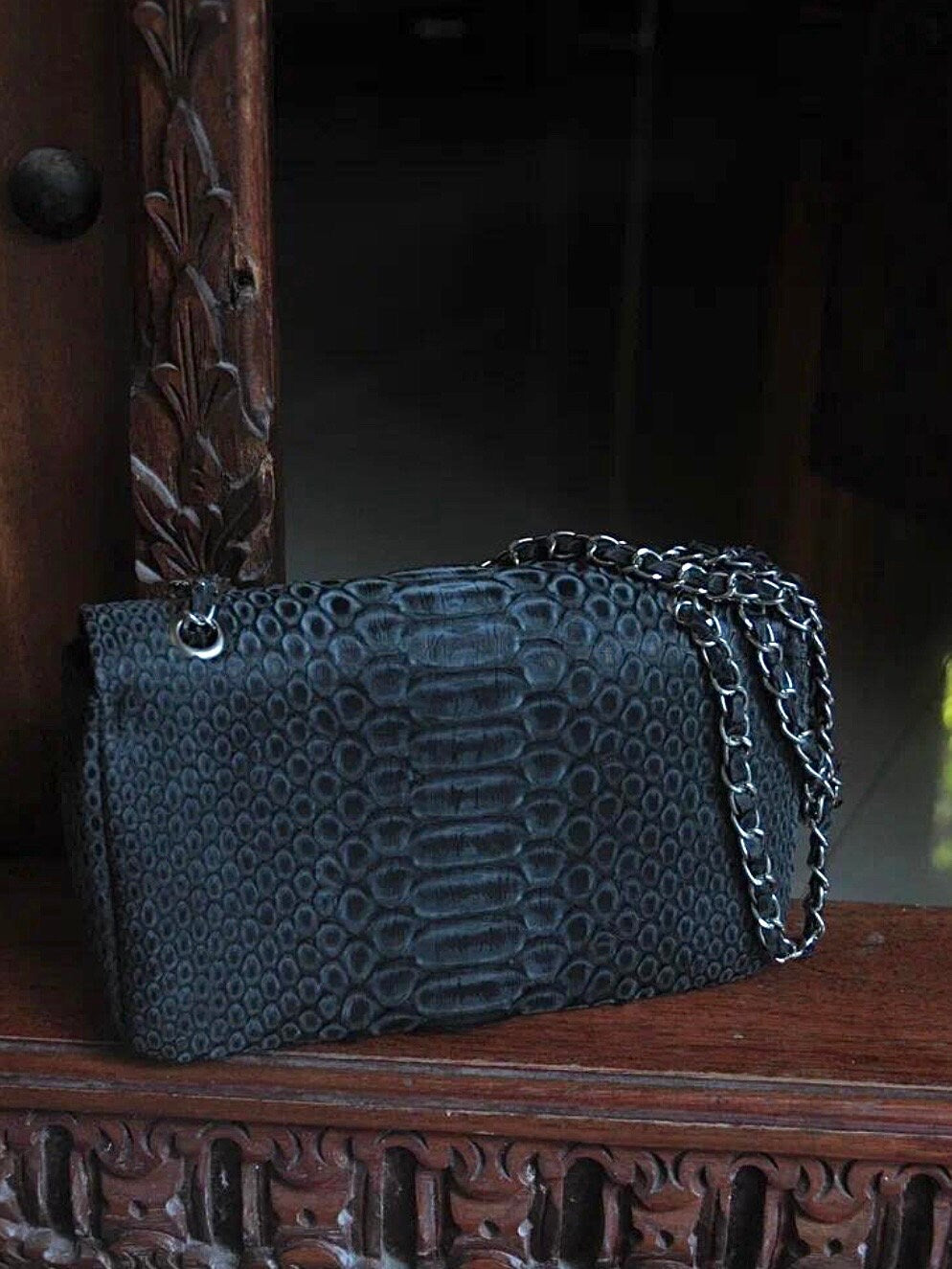 Genuine Python Skin Mini Chain Crossbody Bag — Black